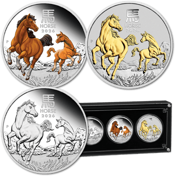 3 x 1 Unze Silber Set Lunar III Pferd 2026 (Auflage: 1.500 | Polierte Platte)
