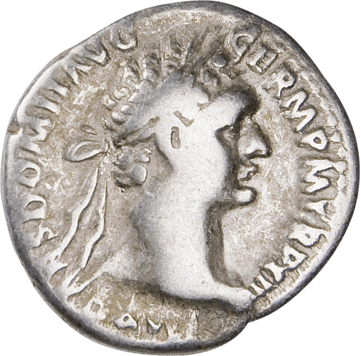 Denar in Silber, Kopf mit Lorbeerkranz und der Umschrift DOMIT AVG GERM P M TR P