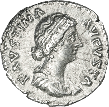 Denar in Silber, Kopf der Kaiserin mit der Umschrift FAVSTINA AVGVSTA