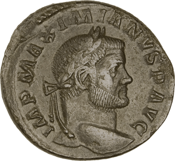 Follis in Bronze, Kopf mit Lorbeerkranz und der Umschrift IMP MAXIMIANVS P AVG