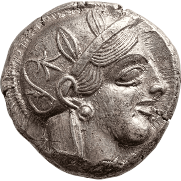 Athener Tetradrachme, Vorderseite: Kopf der Athena im Helm mit Olivenblättern