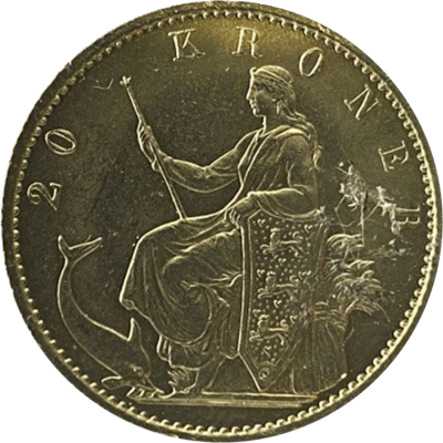 20 Kroner Christian IX., Rückseite: sitzende Frauengestalt mit Zepter und Wappenschild, links ein Delfin, rechts eine Ährengarbe, oben 20 KRONER