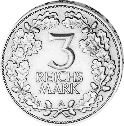 3 Reichsmark 1925, waardezijde in een eikenkrans