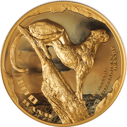 African Range 2026 gold coin — surveying cheetah
