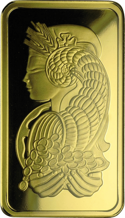 Goldbarren 50 g · Seite mit Fortuna