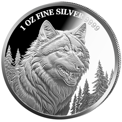 1 ounce silver Wolf 2025 · Design side with the wolf’s head