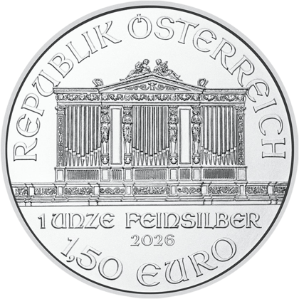 Wiener Philharmoniker 2026, Seite mit der Orgel: oben REPUBLIK ÖSTERREICH, unter der Orgel 1 UNZE FEINSILBER, darunter 2026 und 1,50 EURO