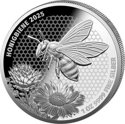 1 ounce silver Honey Bee 2025 · Design side with the bee in front of the honeycomb