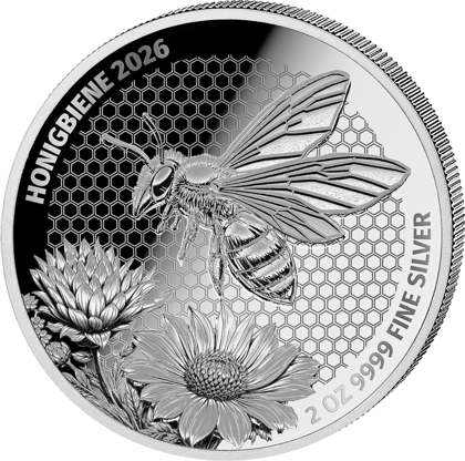 2 ounces silver Honey Bee 2026 · Design side with the bee in front of the honeycomb