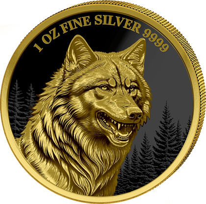 1 ounce silver Wolf 2025 gilded · Design side with the wolf’s head