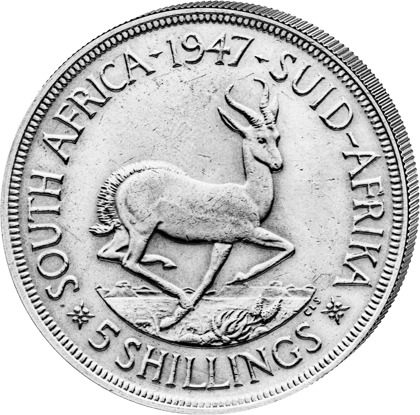 Seite mit dem Springbock im Sprung und der Umschrift SOUTH AFRICA 1947 SUID-AFRIKA