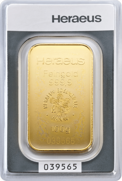 Minted gold bar with Heraeus, Feingold 999,9, the emblem and the weight