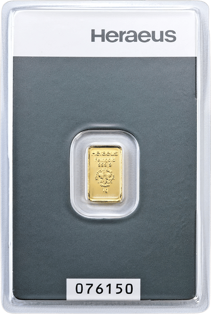 Geprägter Goldbarren mit Heraeus, Feingold 999,9, dem Emblem und dem Gewicht