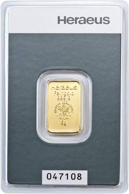 Geprägter Goldbarren mit Heraeus, Feingold 999,9, dem Emblem und dem Gewicht