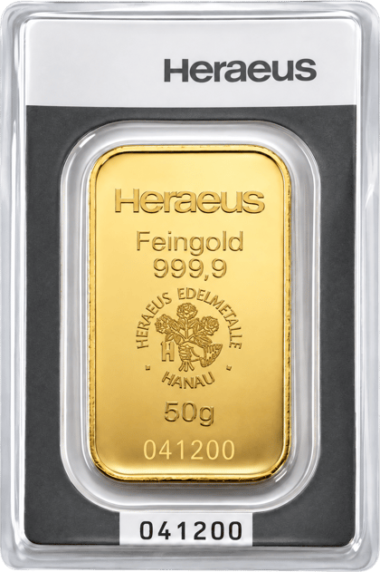 Geprägter Goldbarren mit Heraeus, Feingold 999,9, dem Emblem und dem Gewicht
