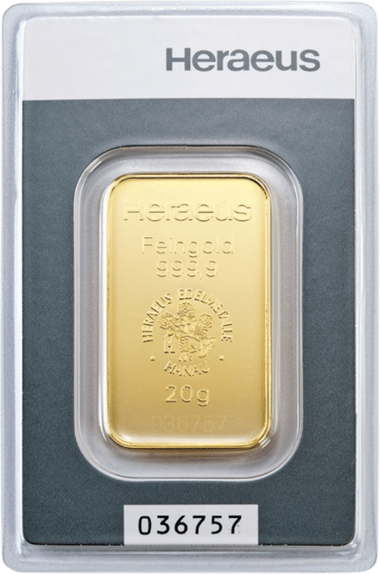Geprägter Goldbarren mit Heraeus, Feingold 999,9, dem Emblem und dem Gewicht