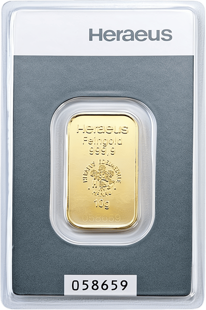 Geprägter Goldbarren mit Heraeus, Feingold 999,9, dem Emblem und dem Gewicht