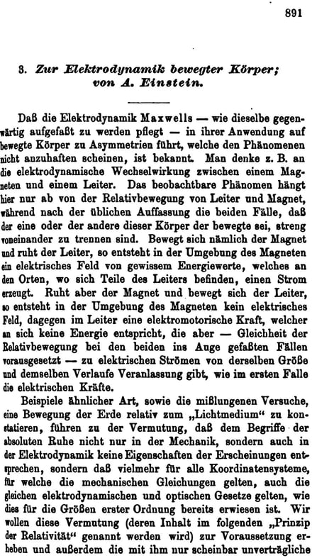 First page of the first paper: at the top the page number 891, beneath it the title “3. Zur Elektrodynamik bewegter Körper; von A. Einstein.” and the beginning of the text.