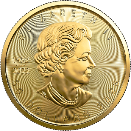 Goldmünze Maple Leaf 2023, Porträtseite mit Königin Elizabeth II., links neben dem Bildnis die Jahre 1952 und 2022 mit vier Perlen dazwischen