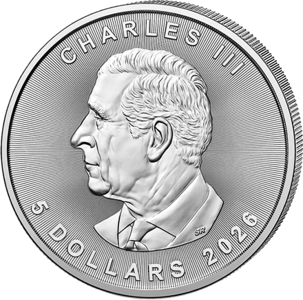Porträtseite der Silbermünze 2026: König Charles III. im Profil nach links, unten 5 DOLLARS 2026