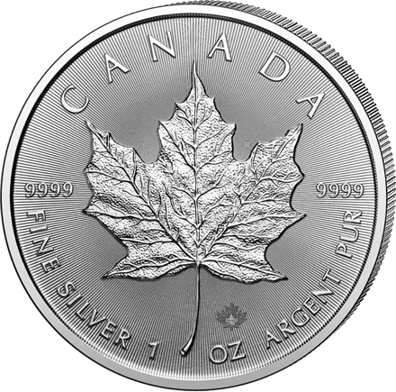 1‑Unze‑Silbermünze Maple Leaf 2026: das Ahornblatt, oben CANADA, links und rechts 9999, unten FINE SILVER 1 OZ ARGENT PUR