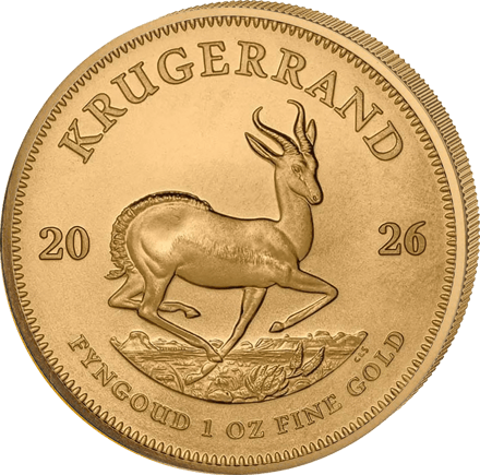 1‑Unze‑Goldmünze Krügerrand 2026: ein Springbock im Sprung, oben KRUGERRAND, links und rechts 20 und 26, unten FYNGOUD 1 OZ FINE GOLD