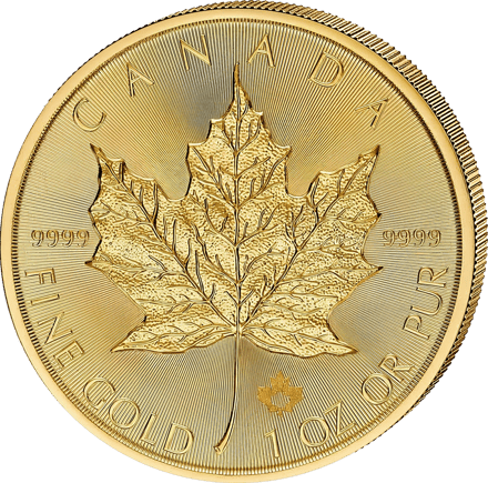1‑Unze‑Goldmünze Maple Leaf 2026: das Ahornblatt, oben CANADA, links und rechts 9999, unten FINE GOLD 1 OZ OR PUR