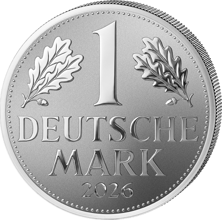 Lado del valor con el gran Uno entre dos ramas de roble y la inscripción Deutsche Mark