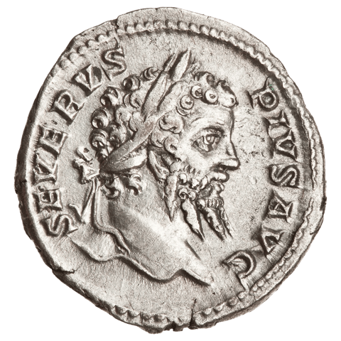 Silver denarius of Septimius Severus: head right with a laurel wreath
