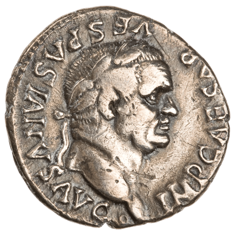 Silver denarius of Vespasian: head right with a laurel wreath