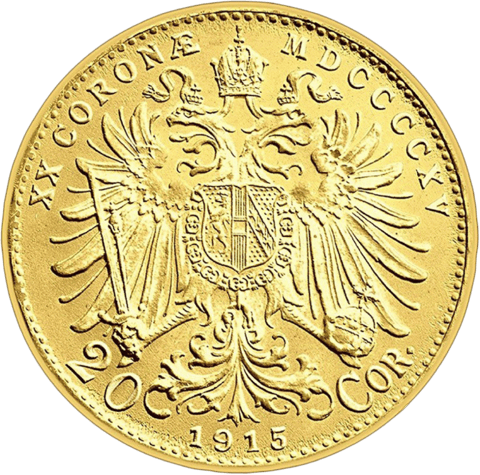 20 Kronen aus Österreich, Rückseite: gekrönter Doppeladler, oben XX CORONAE MDCCCCXV, unten 20 COR. und 1915