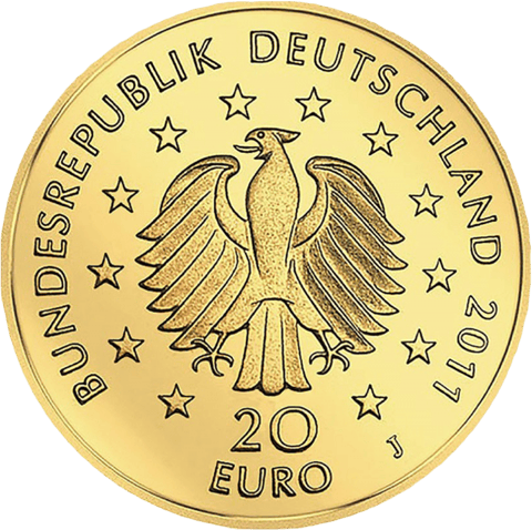20‑Euro‑Goldmünze Deutscher Wald, Buche 2011, Wertseite: Adler, zwölf Sterne, BUNDESREPUBLIK DEUTSCHLAND, 2011, 20 EURO und ein Münzzeichen