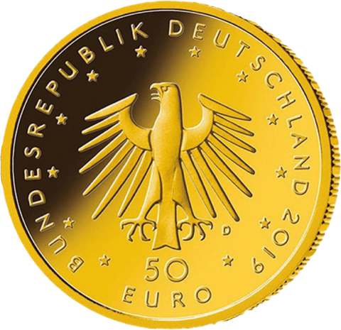 50‑Euro‑Goldmünze Hammerflügel 2019, Wertseite: Adler, zwölf Sterne, BUNDESREPUBLIK DEUTSCHLAND, 2019, 50 EURO und ein Münzzeichen