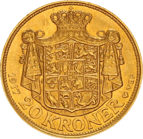 20 Kroner aus Dänemark, Rückseite: gekröntes Reichswappen mit Wappenmantel, darunter 20 KRONER