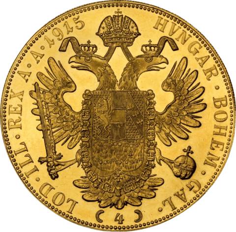 4 Dukaten, Rückseite: gekrönter Doppeladler mit der Wertzahl 4, Umschrift HVNGAR · BOHEM · GAL · LOD · ILL · REX A · A · 1915