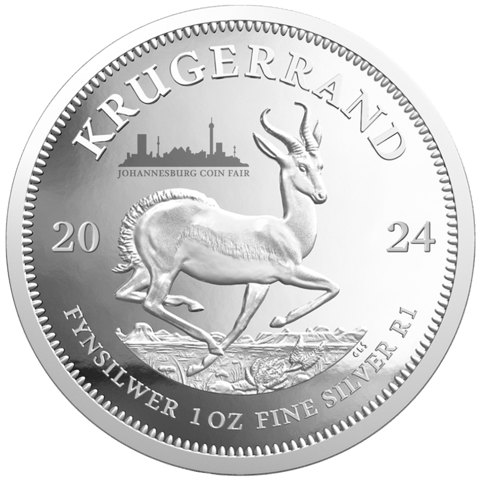 Silver Krugerrand from a coin fair, springbok side: above the springbok’s back, a motif of the city and the name of the fair