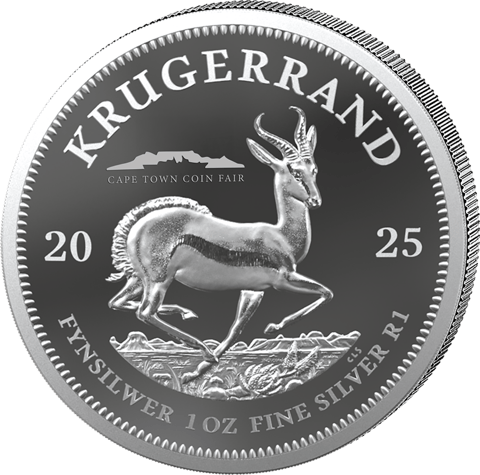 Silber‑Krügerrand einer Münzmesse, Springbockseite: über dem Rücken des Springbocks ein Motiv der Stadt und der Name der Messe