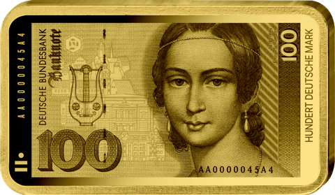 Abbildung des Barrens mit dem Motiv des 100-Mark-Scheins: Clara Schumann