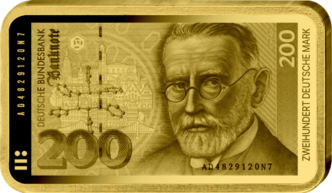 Abbildung des Barrens mit dem Motiv des 200-Mark-Scheins: Paul Ehrlich
