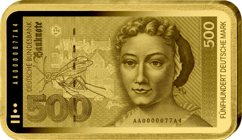 Abbildung des Barrens mit dem Motiv des 500-Mark-Scheins: Maria Sibylla Merian