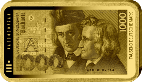 Abbildung des Barrens mit dem Motiv des 1000-Mark-Scheins: Wilhelm und Jacob Grimm
