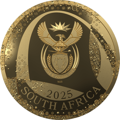 1/4 Unze Gold Odyssey of the Sky 2025, Wappenseite: Staatswappen Südafrikas mit dem Sekretär, darunter 2025 und SOUTH AFRICA