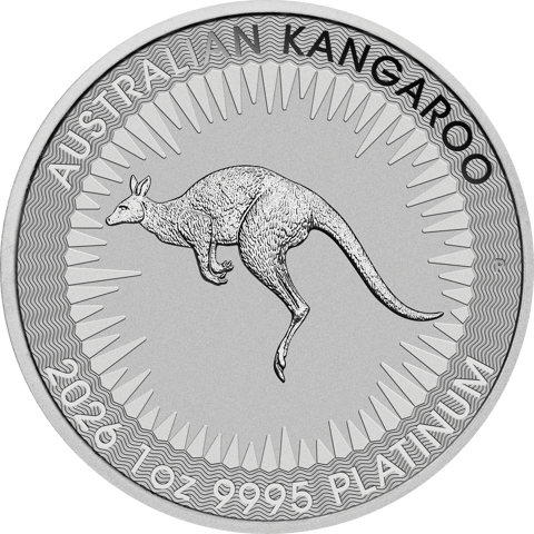 1‑ounce Australian Kangaroo 2026 platinum coin: a leaping kangaroo against stylised rays of the sun, with AUSTRALIAN KANGAROO and 2026 1oz 9995 PLATINUM around the rim
