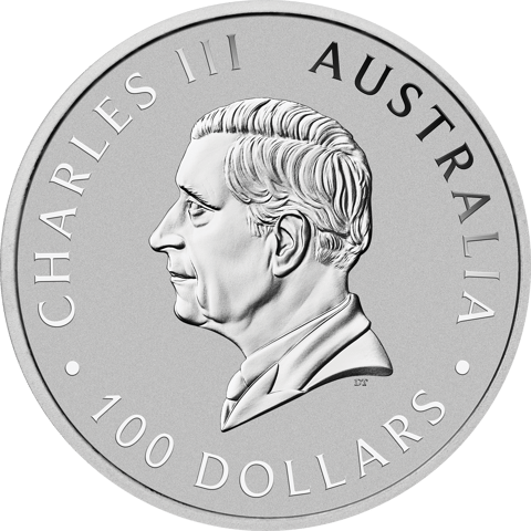 Obverse of the 2026 platinum coin: King Charles III in profile facing left, with the inscription CHARLES III AUSTRALIA 100 DOLLARS