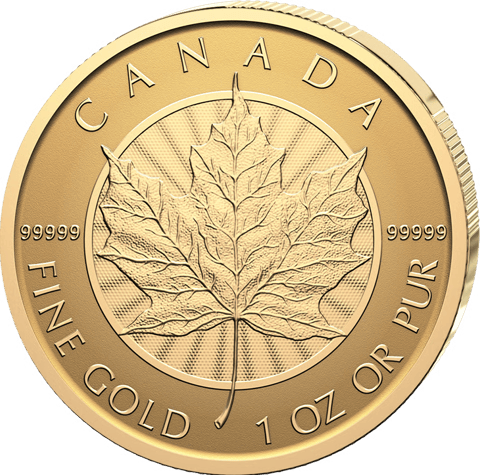 Purest Maple Leaf aus Gold, Blattseite, links und rechts neben dem Blatt die Zahl 99999