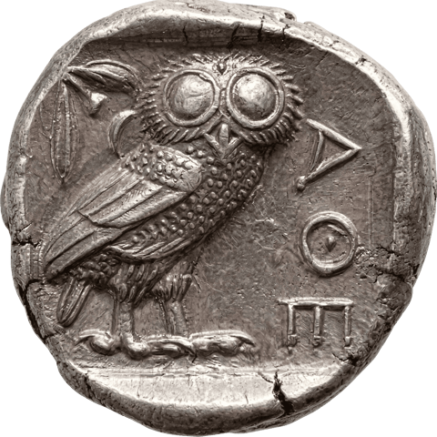 Athener Tetradrachme, Rückseite: die Eule mit Olivenzweig und Mondsichel, rechts ΑΘΕ, alles in einem vertieften Viereck
