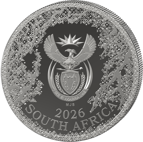 2 Unzen Silber Odyssey of the Sky 2026, Wappenseite: Staatswappen Südafrikas mit dem Sekretär, darunter 2026 und SOUTH AFRICA, am Rand Zweige und ein geometrisches Muster