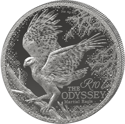 2 Unzen Silber Odyssey of the Sky 2026, Motivseite: Kampfadler mit weit geöffneten Flügeln, die Fänge um einen Ast, daneben THE ODYSSEY, Martial Eagle und der Nennwert R10