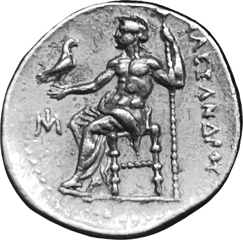 Drachme auf den Namen Alexanders des Großen, Rückseite: Zeus auf dem Thron mit Adler und Zepter, rechts senkrecht ΑΛΕΞΑΝΔΡΟΥ, links ein kleines M