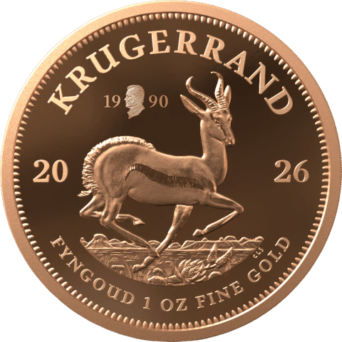 Krugerrand Willy Brandt 2026, springbok side: above the springbok’s back, a small portrait between the numerals 19 and 90